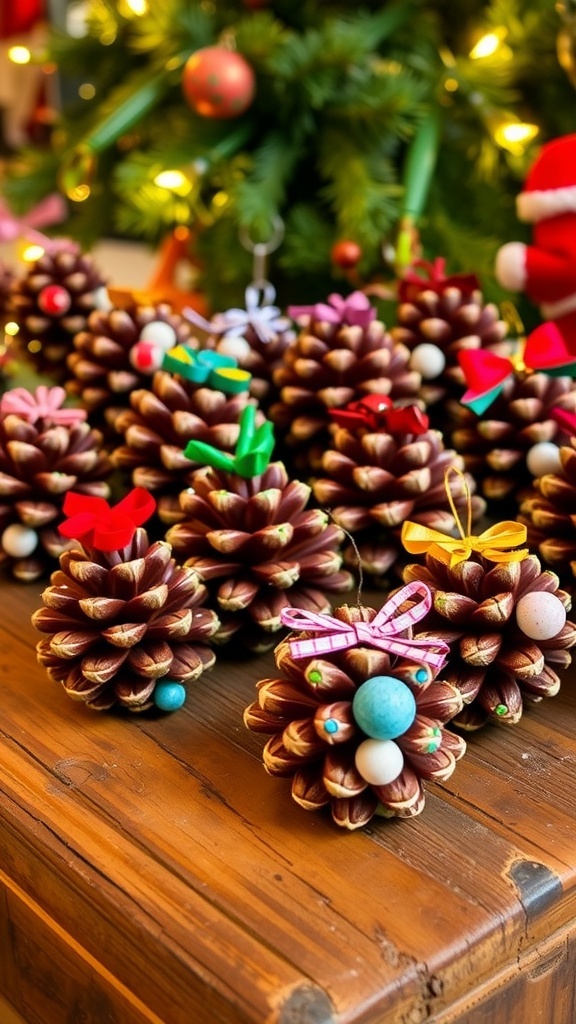 DIY pinecone Christmas ornaments decorated with paint, glitter, and ribbons on a wooden table.
